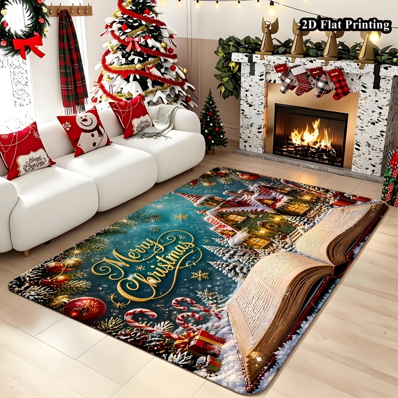Commercial Book Printing Machines - 1枚入り、2Dフラットデザインのクリスマス柄ラグ。魔法の本からインスピレーションを得たクリスマスビレッジ柄。洗濯機で洗える、柔らかい素材。玄関、リビング、寝室に最適。