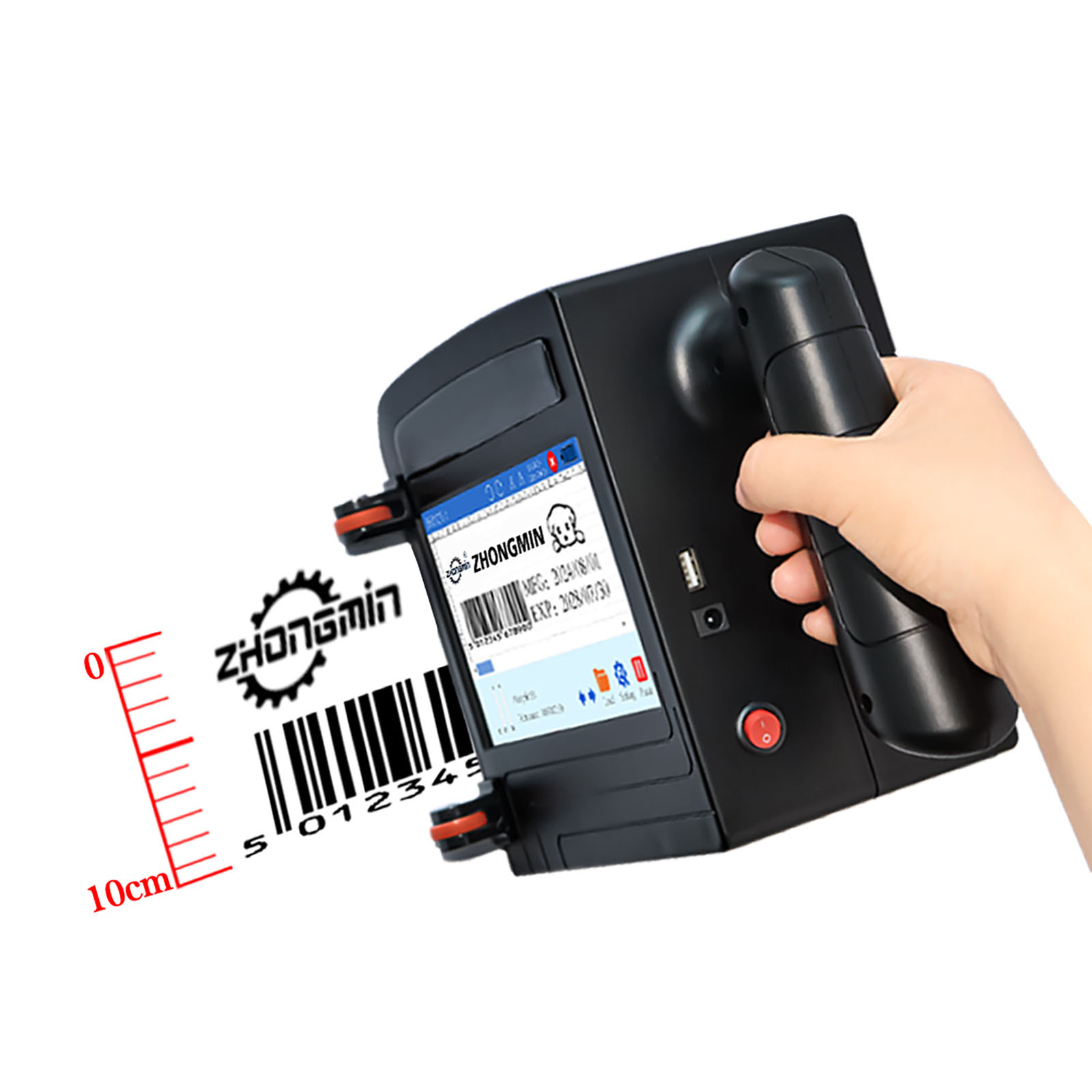 Barcode Printer - ZM-C100 10cm ポータブルハンドヘルドインクジェットプリンター。600DPIで、QRコード、バーコード、有効期限、ロゴ、ラベルの印刷が可能。インクカートリッジ付属。