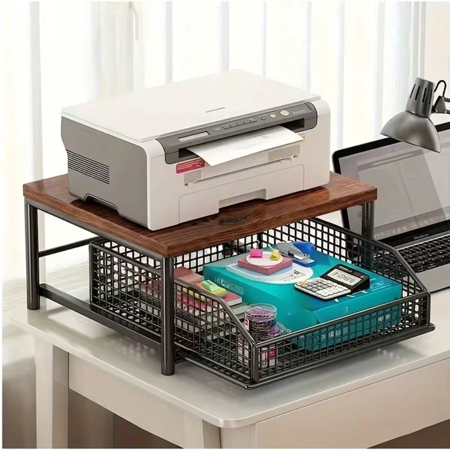 Commercial Book Printing Machines - ONESIMCR プリンタースタンド。2段の木製収納棚付きのデスクトッププリンタースタンド。オフィスデスク用のプリンタースタンド。ファックス、スキャナー、書類、書籍などを整理するための多機能デスクオーガナイザー。